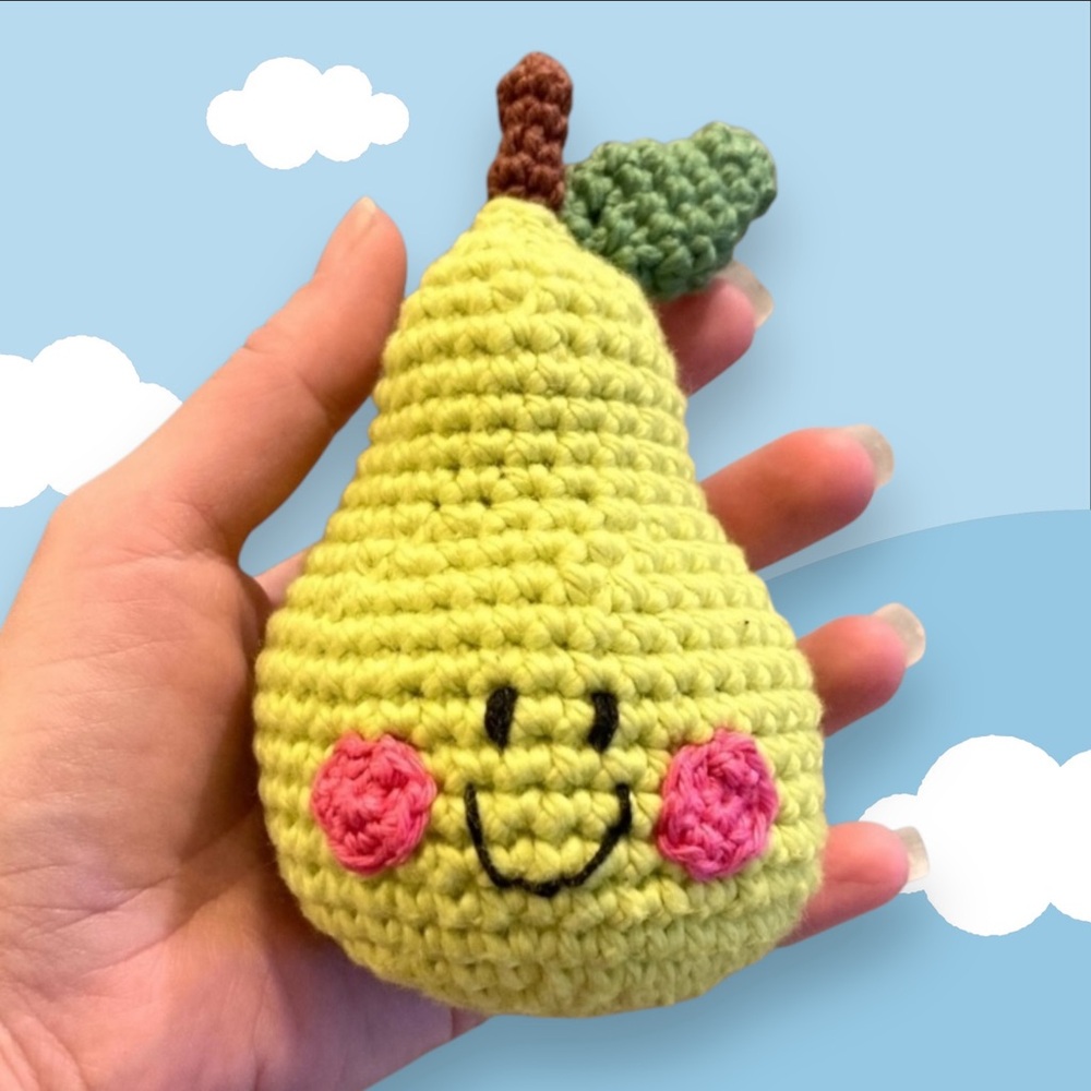 Organic crochet cotton green pear play food rattle NWT handmade made to order